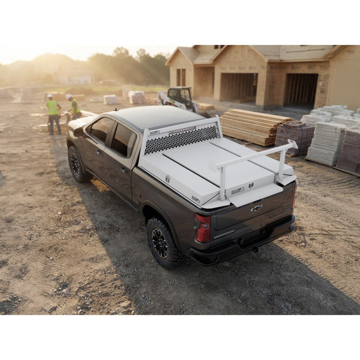 Highway Products Pickup Pack, w/ White Diamond Plate Lid, w/ White Smooth Aluminum Base, w/ Mesh Headache Rack, w/ Ladder Rack Model 39203WFML