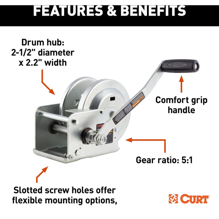 CURT Hand-Crank Brake Winch, 1,500 lbs, 5:1 Gear Ratio, 10.6" Handle Model 29615