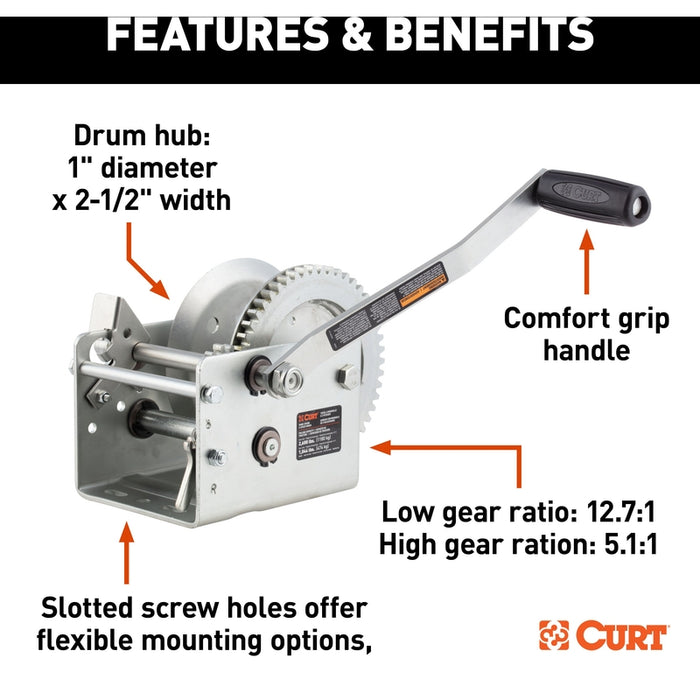 CURT Hand-Crank 2-Speed Winch, 2,600 lbs, 5.1:1 High, 12.7:1 Low Gear Ratio, 10.6" Handle Model 29526