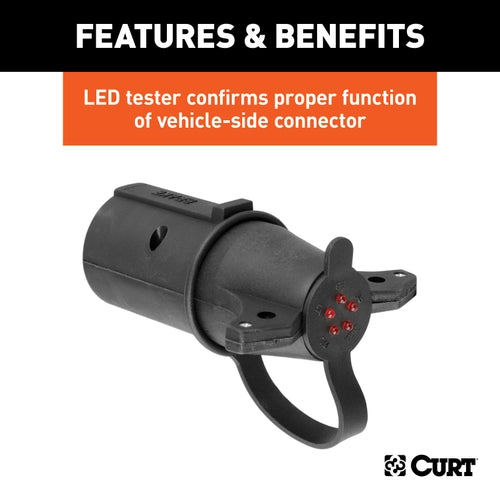 CURT 7-Way RV Blade Vehicle-Side to 6-Way Round Trailer Wiring Adapter with Tester, Center Pin Brake Lights Model 57265