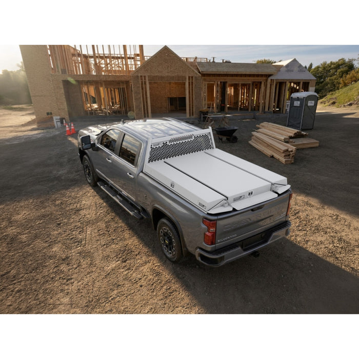 Highway Products Pickup Pack, w/ White Diamond Plate Lid, w/ White Smooth Aluminum Base, w/ Mesh Headache Rack Model 39209WFMN
