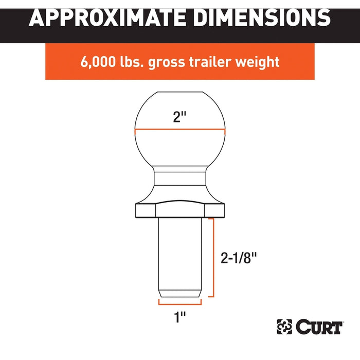 CURT Chrome Trailer Hitch Ball, 6,000 lbs, 2-Inch Diameter, 1 x 2-1/8-Inch Shank Model 40004