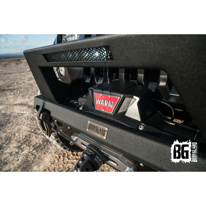 Bodyguard JK Front Bumper Stubby With Push Bar End Cap Light Cutouts With Camera Harness + Pod Texture Black Powder Coat Model 58134TNB