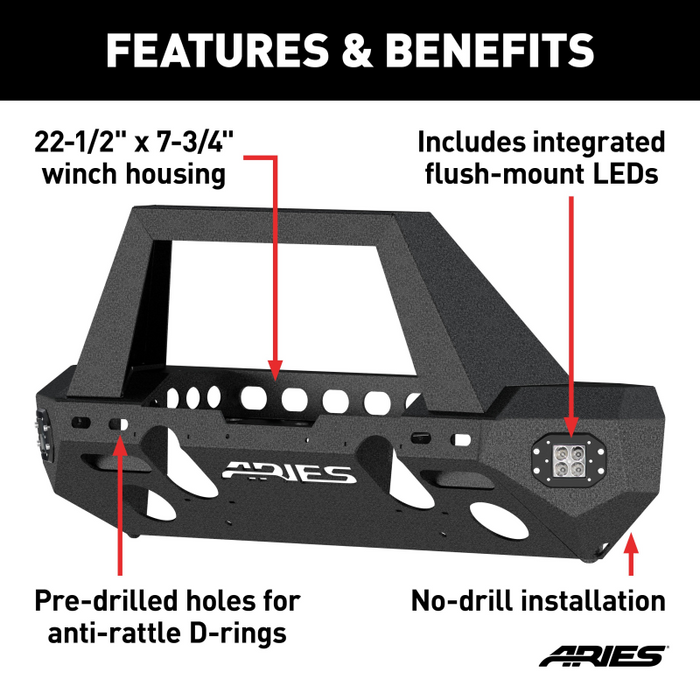 ARIES TrailChaser Jeep Wrangler JL, Gladiator Aluminum Front Bumper (Option 1) Model 2082095