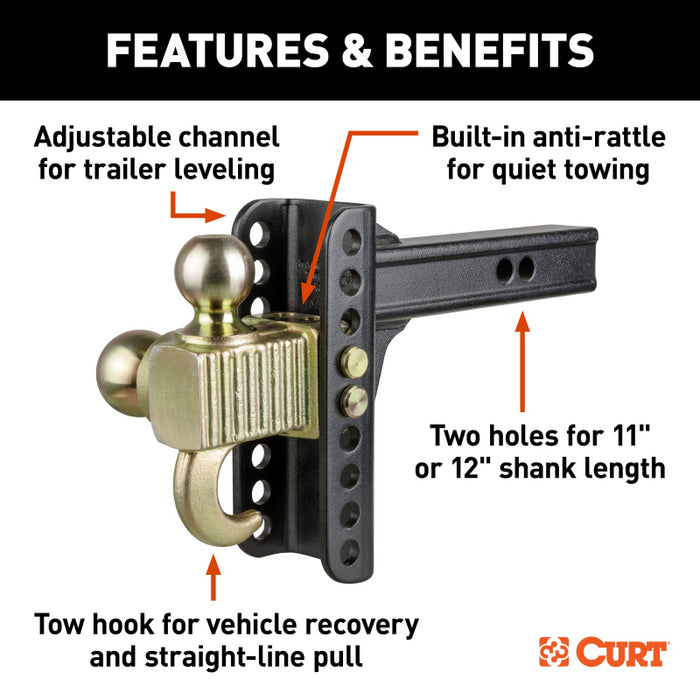 CURT Adjustable Channel Mount with Hook & Step Dual-Ball - 2" Shank, 14K, 6" Drop Model 45904
