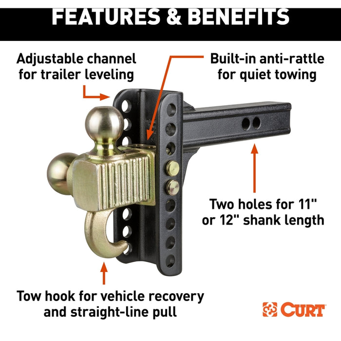 CURT Adjustable Trailer Hitch Ball Mount, Tow Hook Step, 2-Inch Receiver, 6-Inch Drop, 2 and 2-5/16-Inch Balls, 14,000 lbs Model 45904