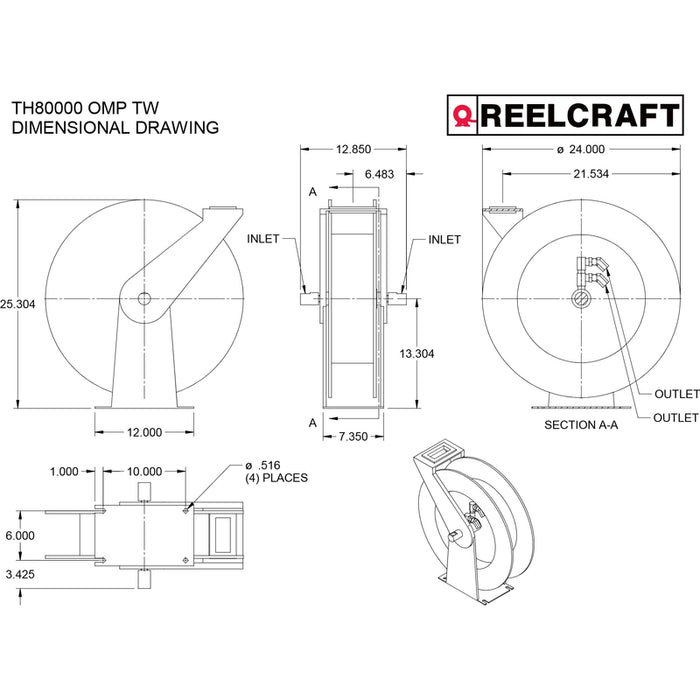 ReelCraft Series TH 1/2 in. x 50 ft. Twin Hydraulic Hose Reel - 2000 PSI Model TH88050OMP