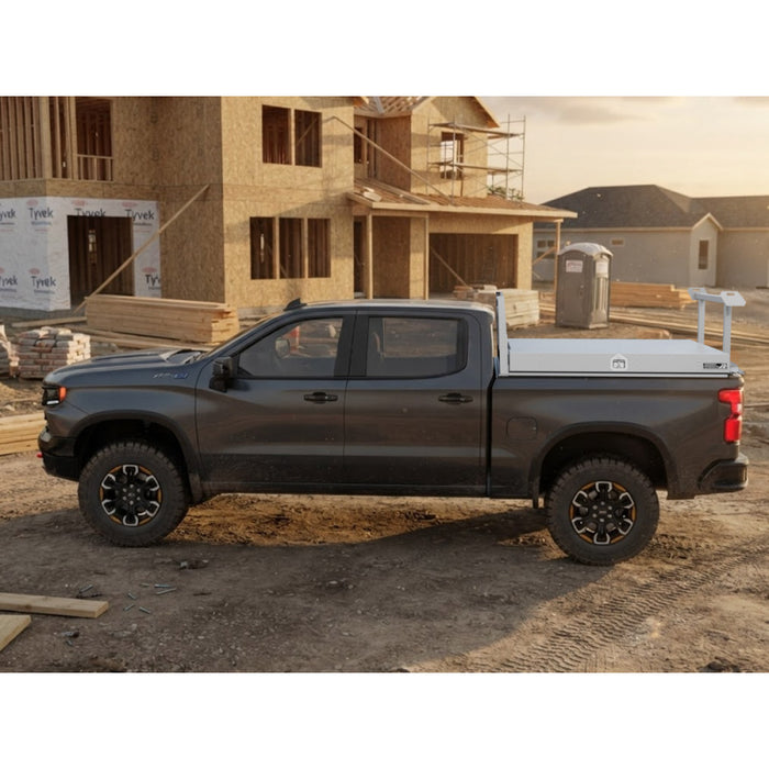 Highway Products Pickup Pack, w/ White Diamond Plate Lid, w/ White Smooth Aluminum Base, w/ Open Post Headache Rack, w/ Ladder Rack Model 39203WFPL