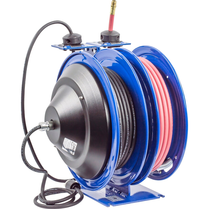 Coxreels Dual C Air-Electric Series Purpose Spring Rewind Reels 3/8 in. x 50 ft. - Quad Receptacle 12 AWG x 50 ft. - 20 Amps 300 PSI Hose Included Model C-L350-5012-B