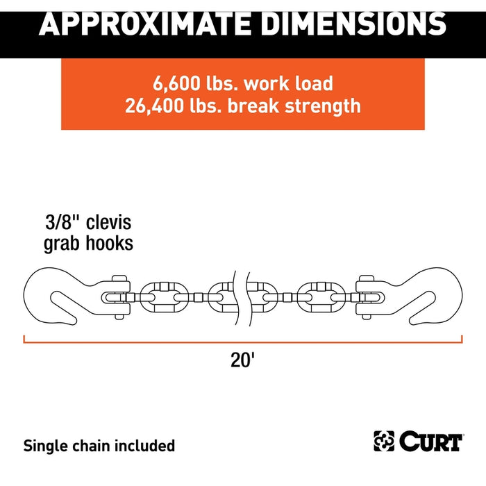 CURT 20-Foot Transport Binder Chain, 3/8-Inch Clevis Hooks, 26,400 lbs Break Strength, Load Tie-Down, Trailer, Flatbed Model 80311
