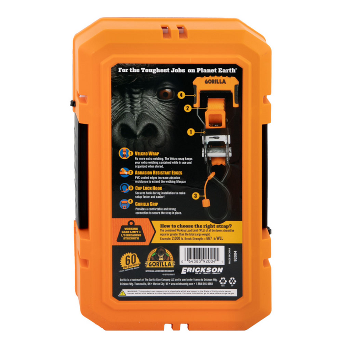 Erickson Manufacturing 2 Pack 1 In X 12Ft Ratchet Strap 1500Lb Cap Lock W/Full S Hook & Velcro Wrap Model 92004