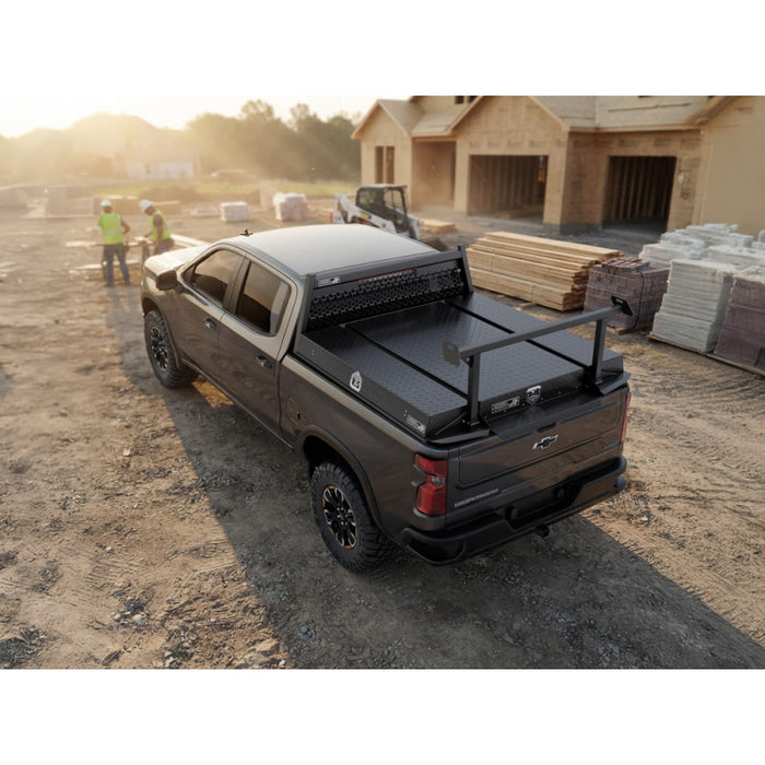 Highway Products Pickup Pack, w/ Black Diamond Plate Lid, w/ Black Smooth Aluminum Base, w/ Mesh Headache Rack, w/ Ladder Rack Model 39203BFML