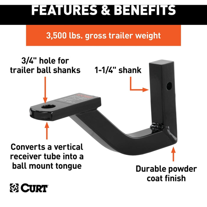 CURT Vertical Trailer Hitch Ball Mount, Fits 1-1/4-Inch Receiver, 3,500 lbs, 3/4-Inch Hole, 2-1/4-Inch Drop Model 45507