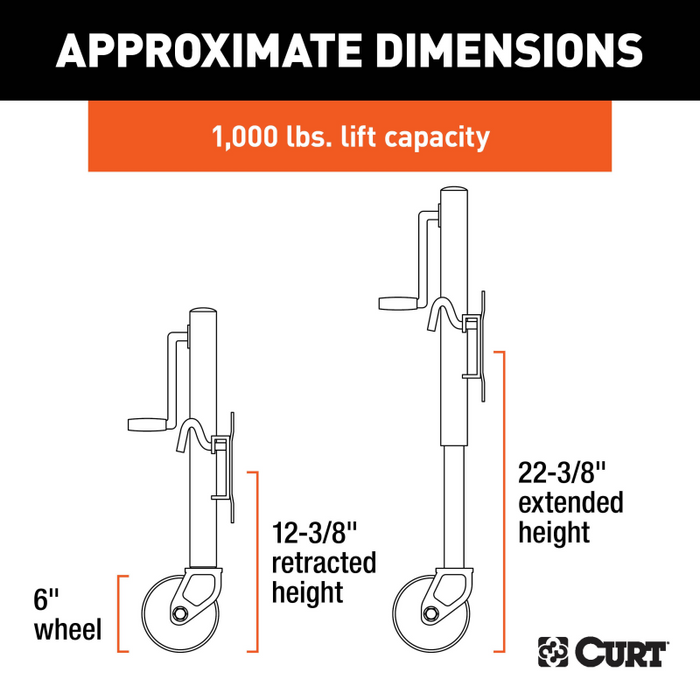CURT Marine Trailer Jack with 6" Wheel 1,000 lbs, 10" Travel Model 25003