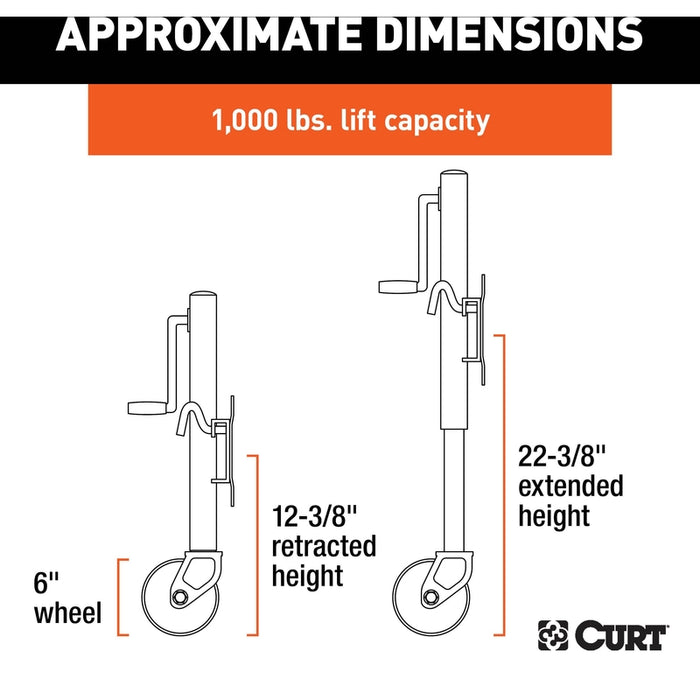 CURT Marine Boat Trailer Tongue Jack with 6-Inch Wheel, 1,000 lbs. Support Capacity, 10 Inches Vertical Travel Model 25003