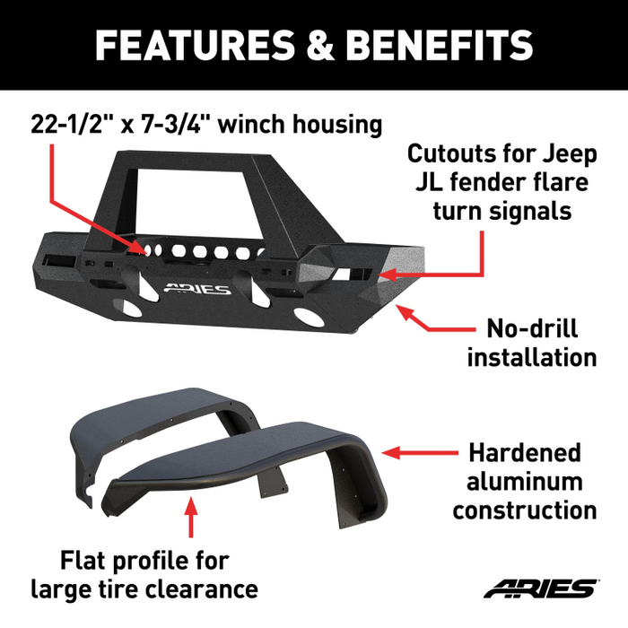 ARIES TrailChaser Jeep Wrangler JL Front Bumper with Fender Flares (Option 9) Model 2082097