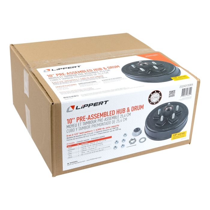 CURT 2024013264 10" Brake Drum Hub Complete Kit with Installed Bearings, 5 on 4.5", 1/2" Stud, 3,500-lb. Axles Model 2024013264