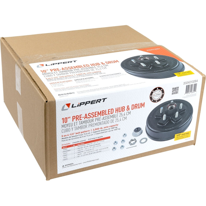 CURT 2024013264 10" Brake Drum Hub Complete Kit with Installed Bearings, 5 on 4.5", 1/2" Stud, 3,500-lb. Axles Model 2024013264