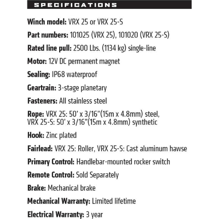 Warn VRX 25 Steel Rope Winch Model 101025
