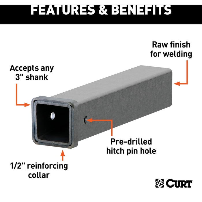 CURT 3 x 18-Inch Weld-On Raw Steel Trailer Hitch Receiver Tube, 5/8-In Pin Hole Model 49518
