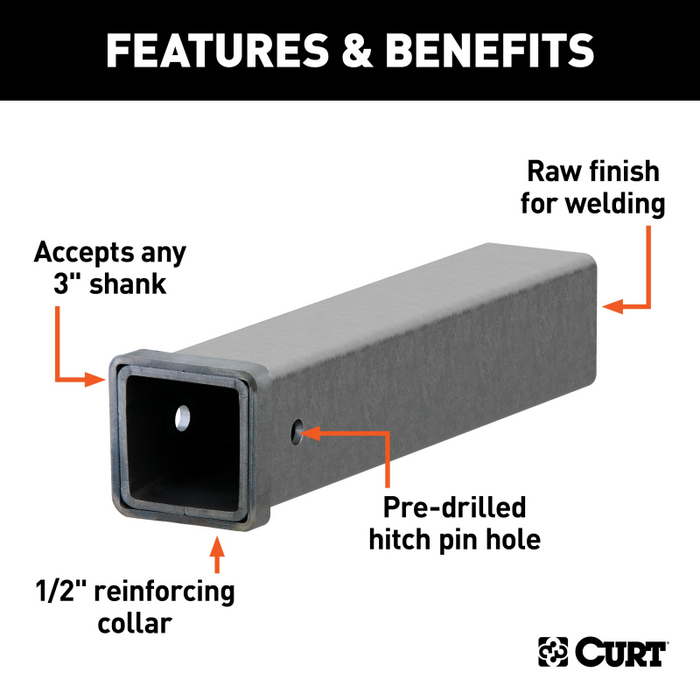 CURT 18" Raw Steel Receiver Tubing - 3" Receiver, 5/8" Pin Hole Model 49518