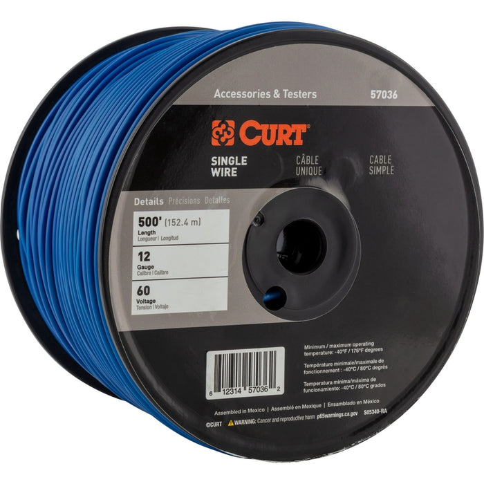 CURT Automotive Primary Wire, Blue 500-Foot Trailer Wiring Spool, 60-Volt, 12-Gauge Model 57036