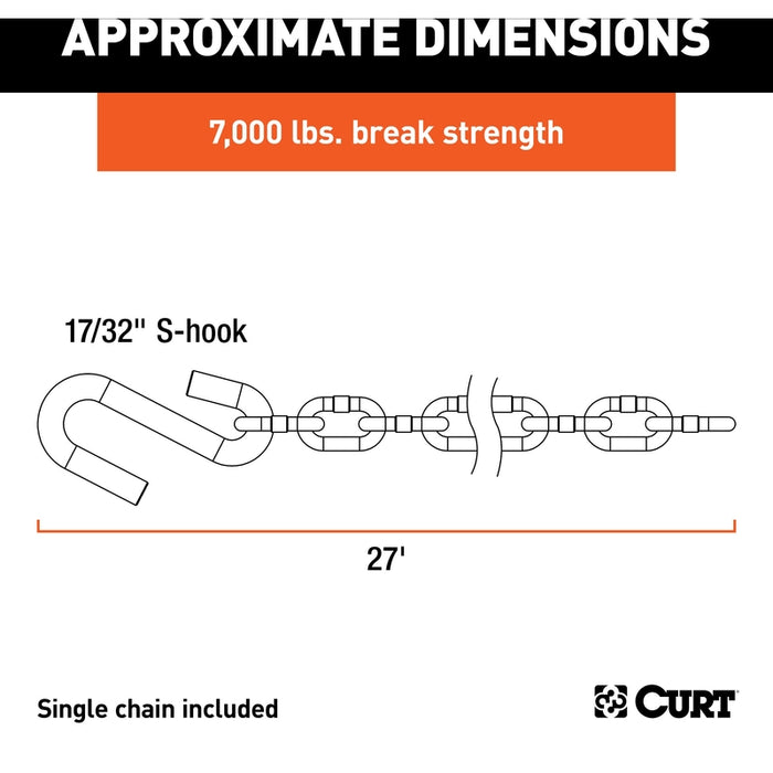 CURT 27-Inch Trailer Safety Chain with 17/32-In S-Hook, 7,000 lbs Break Strength Model 80300