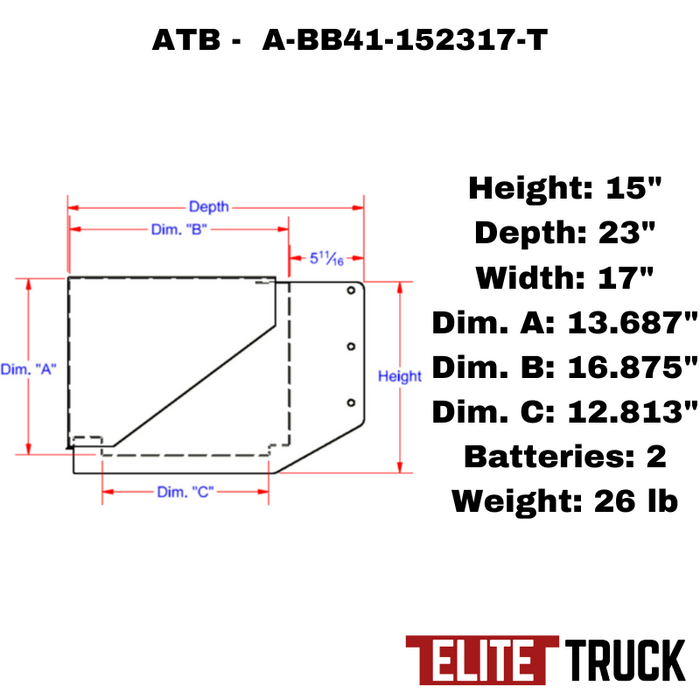 ATB Battery Box 15"H x 23"D x 17"W No Step Front Open Single Lid Model A-BB41-152317-T