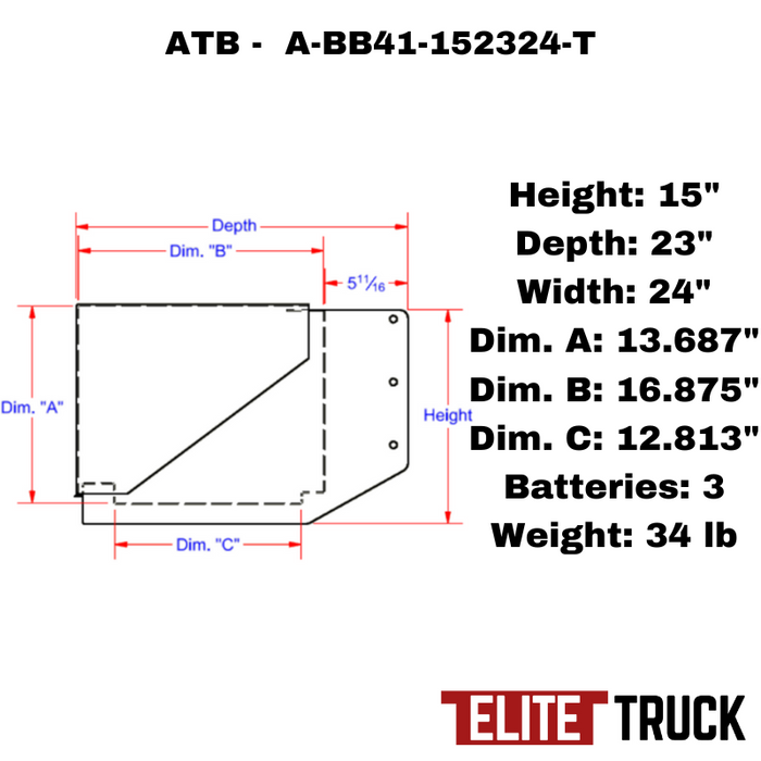 ATB Battery Box 15"H x 23"D x 24"W No Step Front Open Single Lid Model A-BB41-152324-T