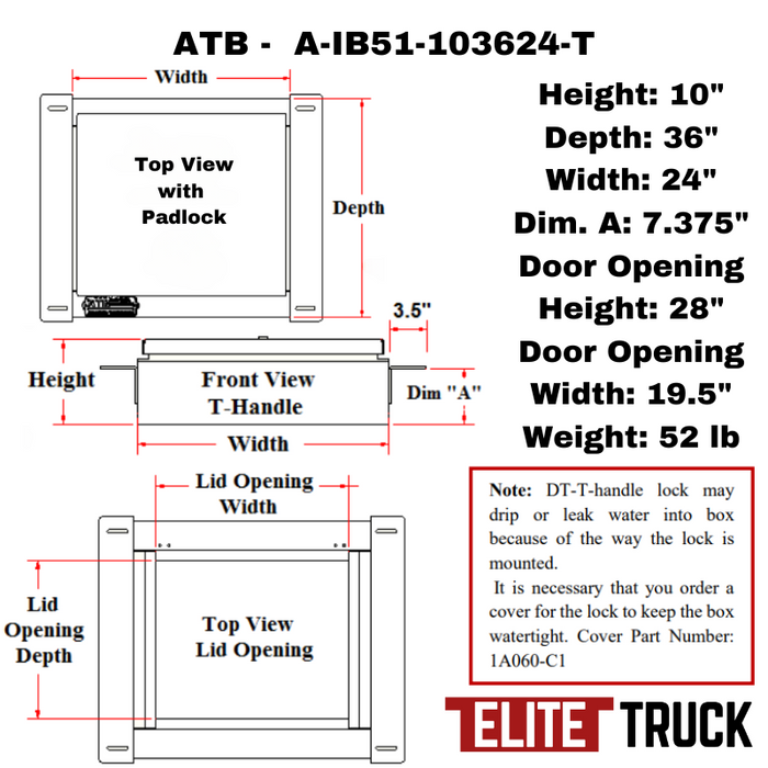 ATB In-Frame 10"H x 36"D x 24"W Single Top Open Lid With Padlock Model A-IB51-103624-T