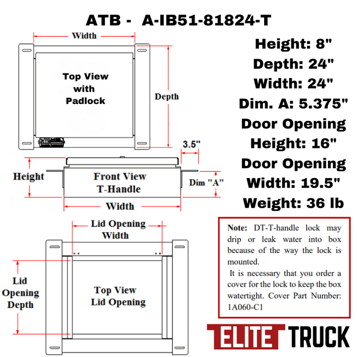 ATB In-Frame 8"H x 24"D x 24"W Single Top Open Lid With Padlock Model A-IB51-82424-T