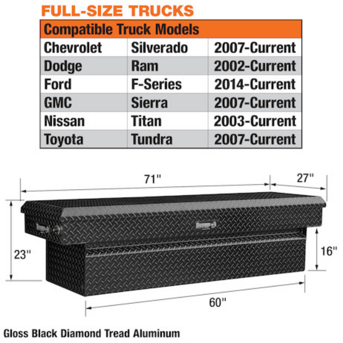 Buyers Products 23x27x71 Inch Gloss Black Diamond Tread Aluminum Crossover Truck Box Model 1729450