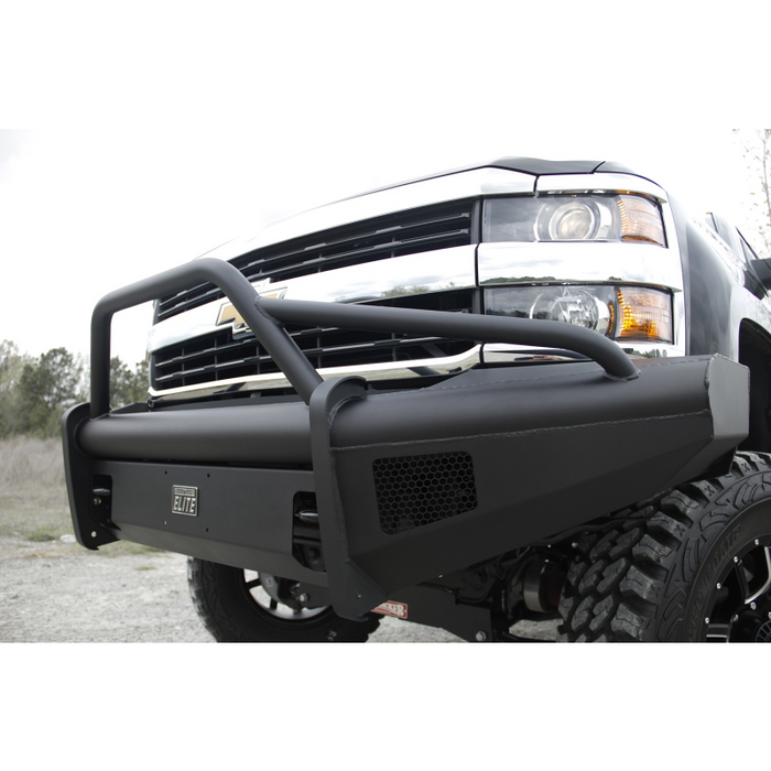 Fab Fours Elite Front Bumper; 2 Stage Black Powder Coated; w/Pre-Runner Grille Guard; Incl. Light Cut-Outs; Model CH05-Q1362-1