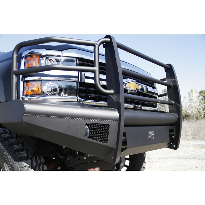 Fab Fours Elite Front Bumper; 2 Stage Black Powder Coated; w/Full Grille Guard; Incl. Light Cut-Outs; Model CH08-Q2060-1