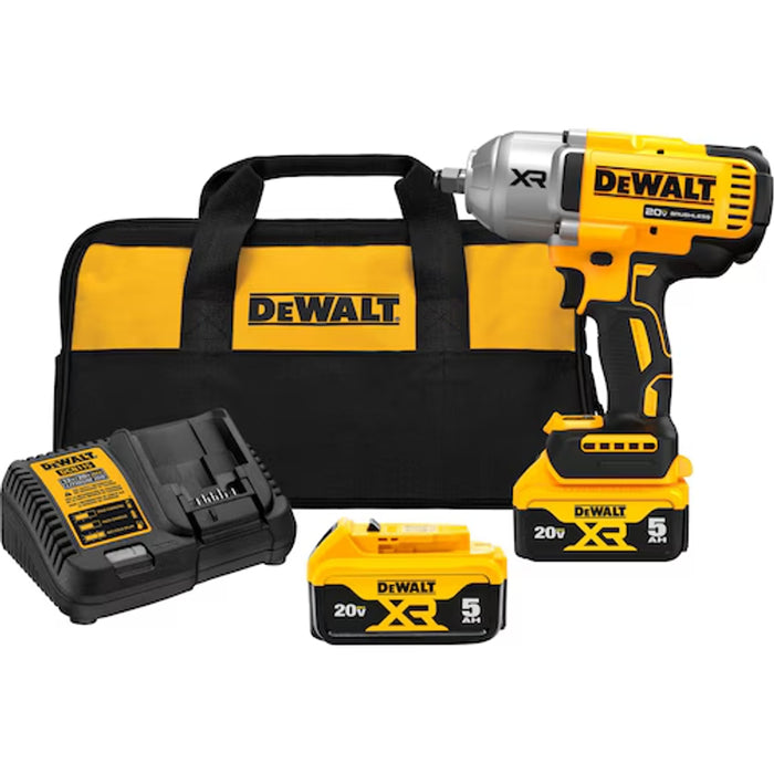 DeWalt 20V MAX* XR 1/2 In. High Torque Impact Wrench With Hog Ring Anvil Kit and (2) 5.0 Ah Batteries & Charger Kit DCF900P2