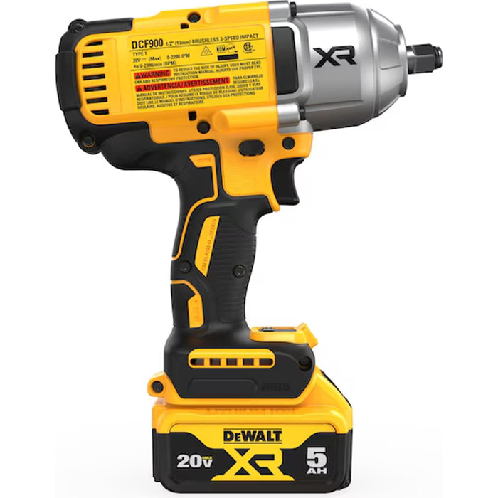 DeWalt 20V MAX* XR 1/2 In. High Torque Impact Wrench With Hog Ring Anvil Kit and (2) 5.0 Ah Batteries & Charger Kit DCF900P2