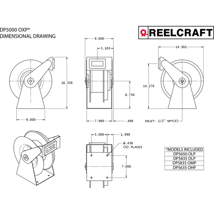 ReelCraft Series DP5000 3/8 in. x 50 ft. Ultimate Duty Dual Pedestal Hose Reel - 300 PSI Air/Water Model DP5650OLP