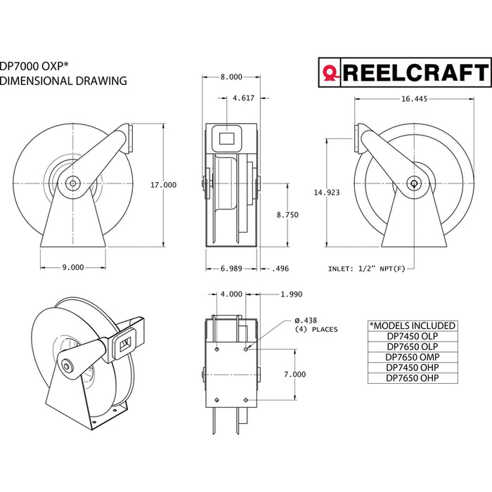 Reelcraft Series DP7000 3/8 in. x 50 ft. Ultimate Duty Dual Pedestal Hose Reel - 300 PSI Air/Water Model DP7650OLP