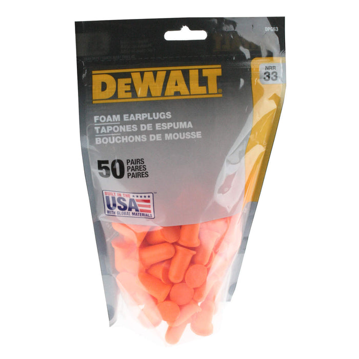 Radians Dewalt Orange Bell Shape Disposable NRR33 Foam Earplugs, Uncorded - 50 Pair Resealable Bag RNSDPG63BG50