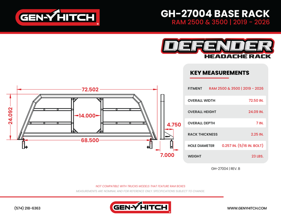 Gen-Y DEFIANCE - Headache Rack Only - Fits Ram 2500 & 3500 2019-CURRENT Model GH-27004
