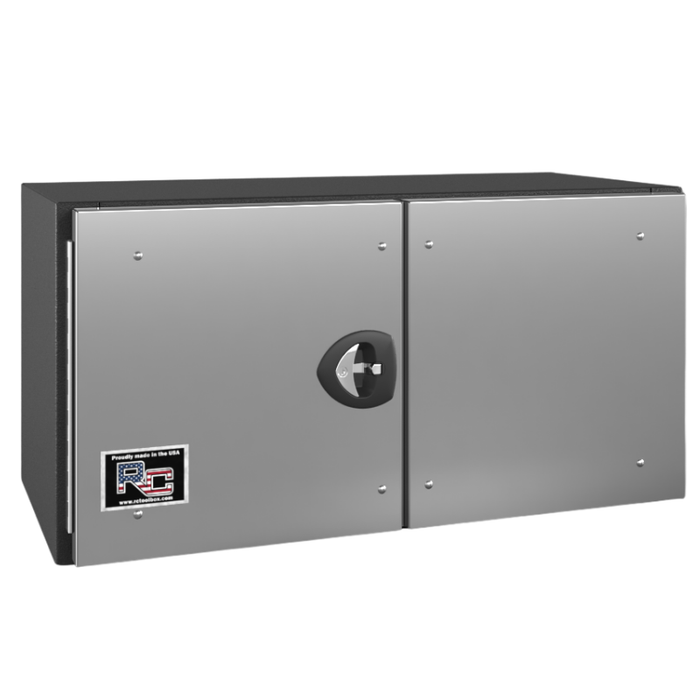 RC Industries Underbody Box F-Series 48x18x18 .125 Smooth Aluminum With Stainless Steel Barn Door Single Handle Textured Black  Roadside Model CX481818.KB