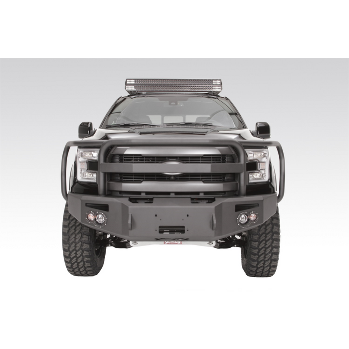 Fab Fours Premium Heavy Duty Winch Front Bumper; 2 Stage Black Powder Coated; w/Full Grille Guard; Incl. 1 in. D-Ring Mounts/Light Cut-Outs w/Hella 90mm Fog Lamps And 60mm Turn Signals; Model FF15-H3250-1