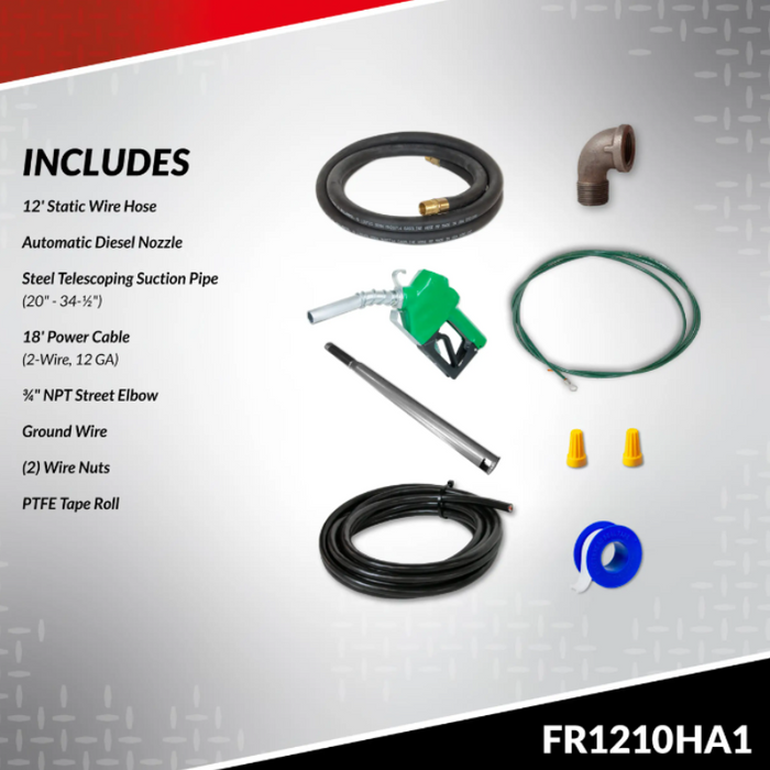 Fill-Rite 15 GPM 12V DC Transfer Tank Pump Kit Auto Nozzle Leaded Spout Green Cover Model FR1210HA1