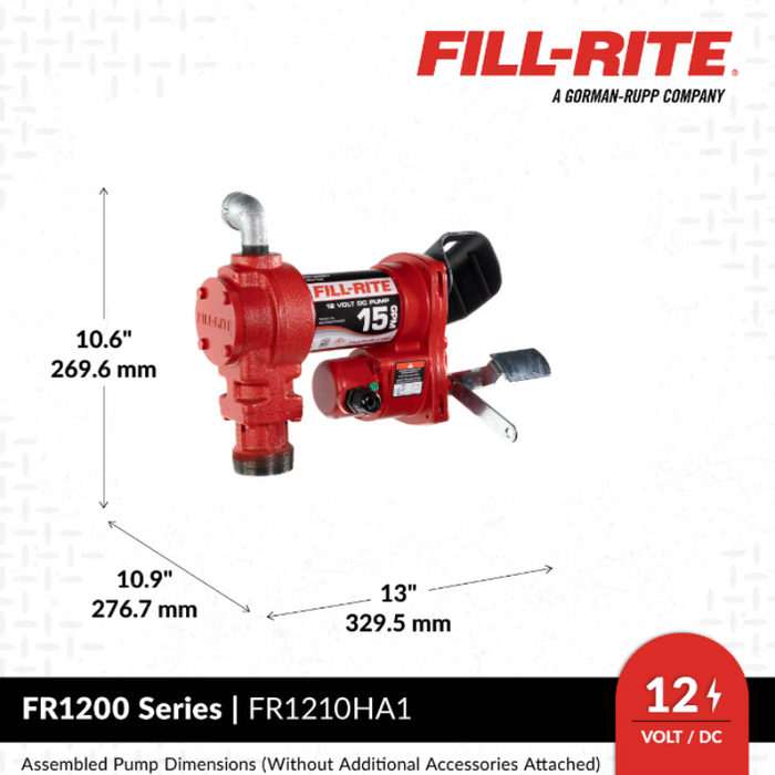 Fill-Rite 15 GPM 12V DC Transfer Tank Pump Kit Auto Nozzle Leaded Spout Green Cover Model FR1210HA1