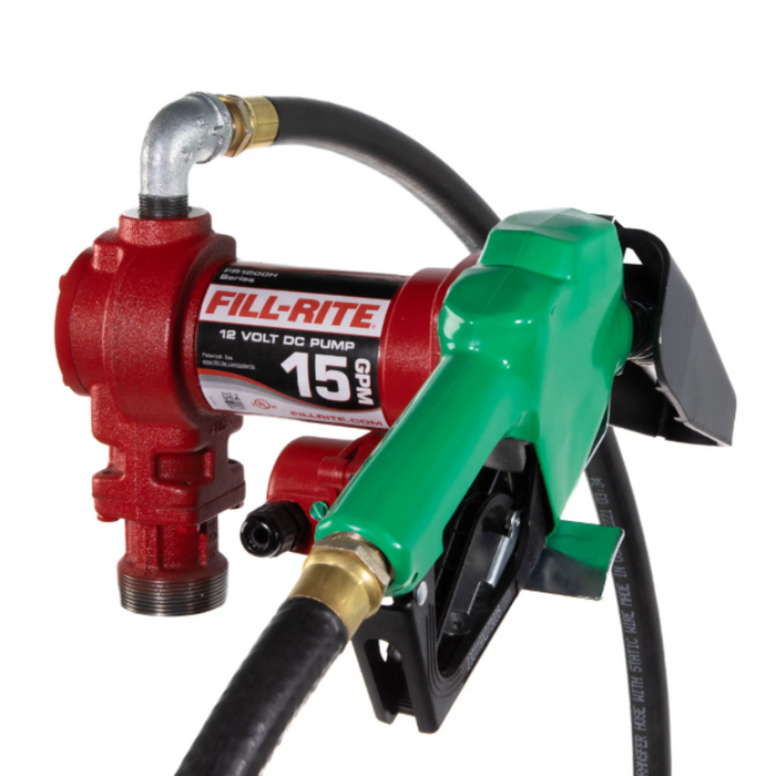 Fill-Rite 15 GPM 12V DC Transfer Tank Pump Kit Auto Nozzle Leaded Spout Green Cover Model FR1210HA1