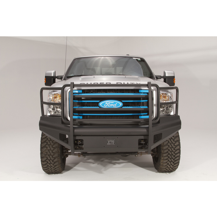 Fab Fours Elite Front Bumper; 2 Stage Black Powder Coated; w/Full Grille Guard; Incl. Light Cut-Outs; Model FS08-Q1960-1