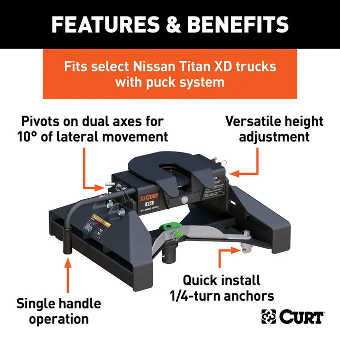 CURT E16 5th Wheel Hitch, 16,000 lbs, Select Nissan Titan XD, 8-Foot Bed Puck System Model 16071