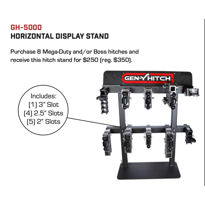 GEN-Y Horizontal Display Stand w/ Monitor Bracket (Five - 2" slots, Four- 2.5" slots ,One - 3" slot, Black/Red Color, 33.000 X 15.000 Footprint) Model GH-5000