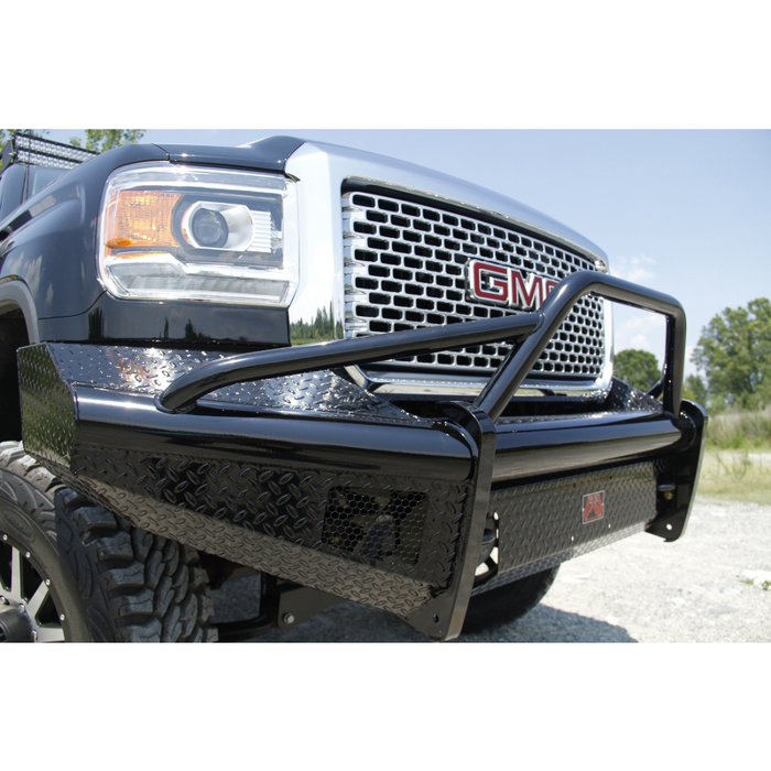 Fab Fours Black Steel Front Ranch Bumper; 2 Stage Black Powder Coated; w/Pre-Runner Grille Guard; Incl. Light Cut-Outs; Model GM08-S2162-1