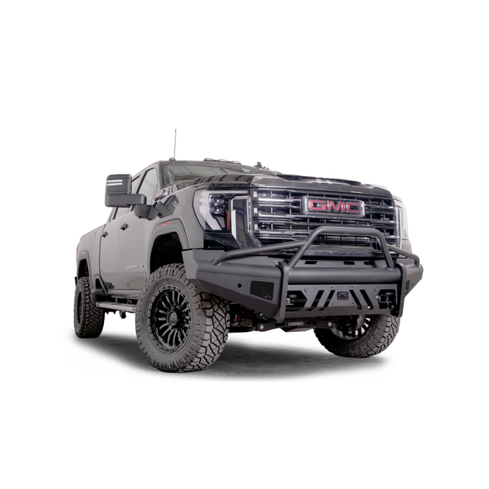 Fab Fours Elite Front Bumper w/ Pre-Runner Guard Black Steel w/ Sensor Incl. Tow Hooks Model GM24-Q6262-1